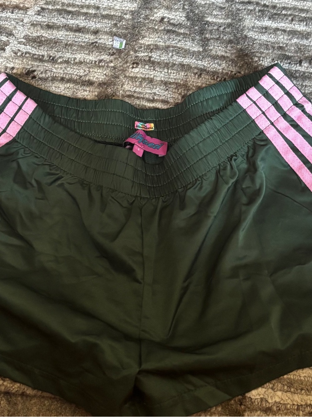 Edikted Dark Green Athletic Shorts with Pink Stripes